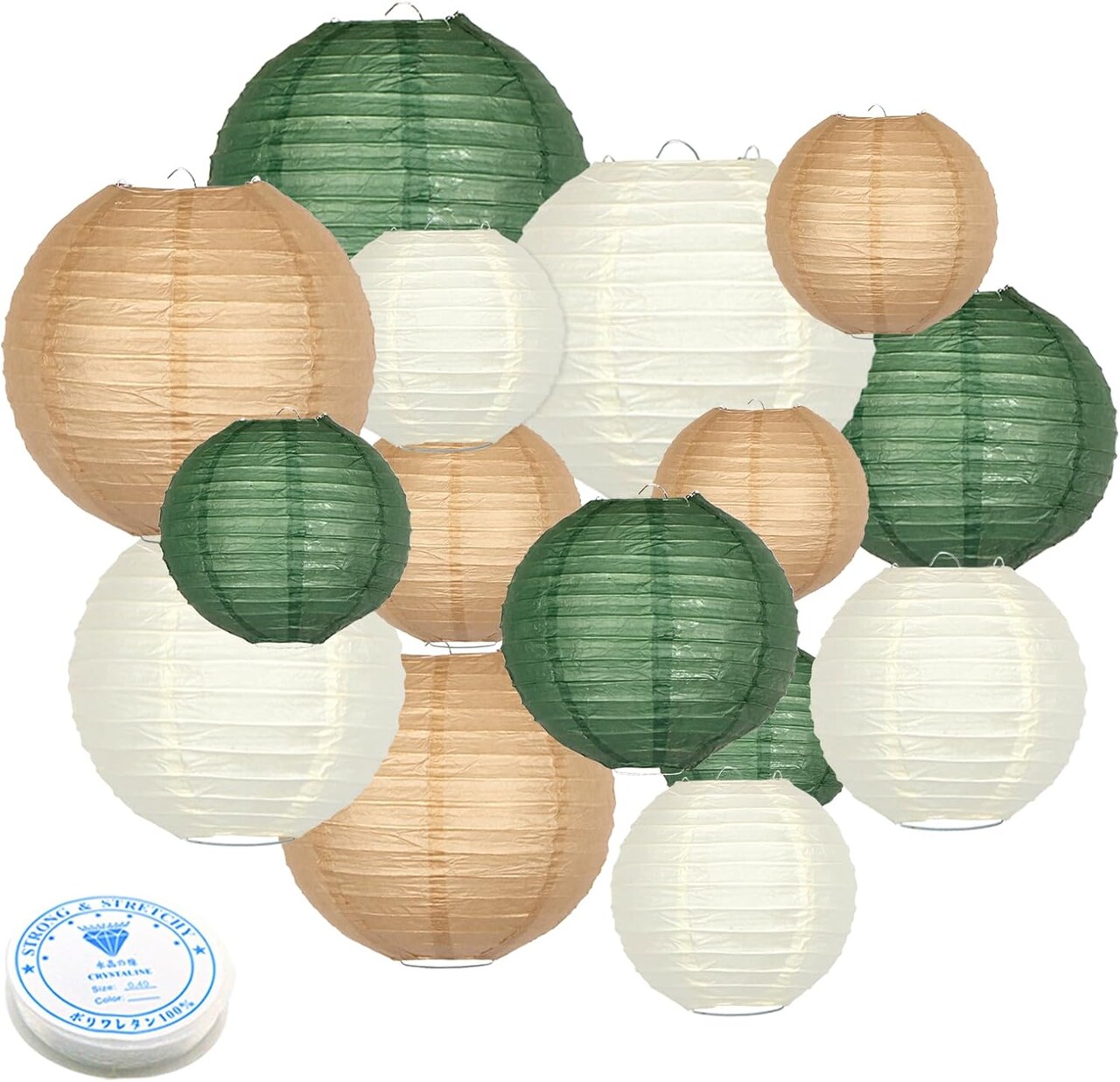 Green Round Chinese Paper Lanterns Decorative 15pcs Hanging Paper Lantern for Rustic Wedding Jungle Wonderland Themed Birthday Party Baby